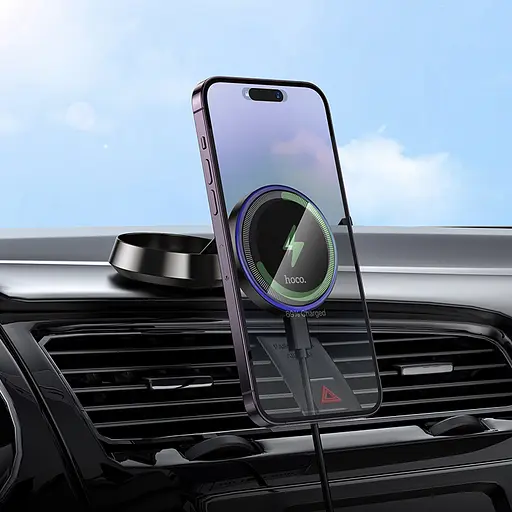 Автотримач для телефона HOCO HW33 Metal ring magnetic wireless fast charging car holder (center console) Metal Grey - фото 7
