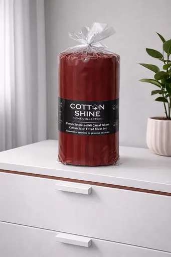 Простыня на резинке 180×220 см с двумя наволочками 50×70 см страйп сатин бордо TC303376229 - фото 1