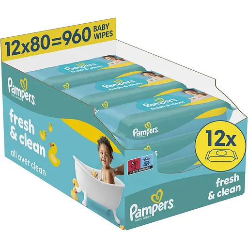 Детские влажные салфетки Pampers Fresh Clean 960 шт. (12 упаковок x 80 шт.) - фото 1