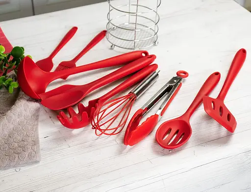 Набір кухонного приладдя силіконовий з 10 предметів з підставкою (вінчик, ополоник, лопатка, щипці), A-plus Червоний 85469 - фото 6