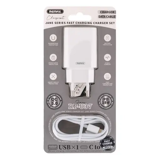 Зарядний пристрій Remax RP-U37 USB/ Type-C QC PD білий + кабель Type-C to Lightning - фото 4