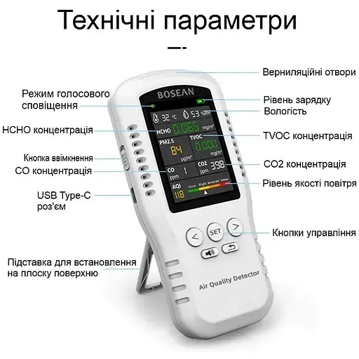 Датчик анализатор качества воздуха Bosean T-Z01Pro по 5-ти параметрам профессиональный портативный - фото 3