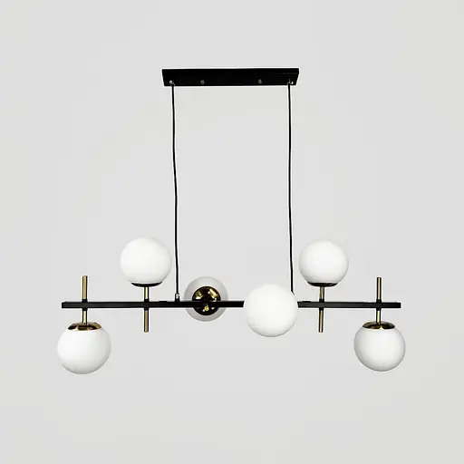 Люстра видовжена чорна із білими плафонами та латунними деталями 90х35 см | Line F | Арт. A81/6 - фото 1