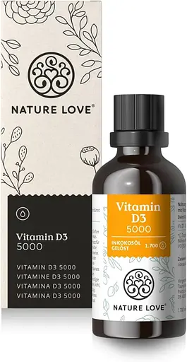 Вітамін D3 NATURE LOVE 1000 (50 мл рідини), лабораторно-протестована формула 5000 МО на краплю, в олії МСТ з кокосу, вітамін D, в