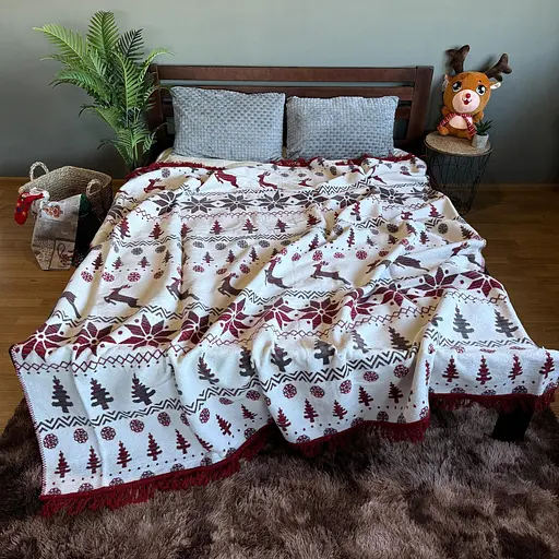 Плед покривало Bridge двосторонній Євро Бордові олені зимовий 200х220 Бавовна Червоний - фото 3