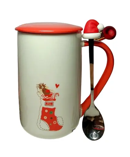 Кружка новогодняя Olens 8030-293-3 Рождественское утешение с крышкой и ложкой керамика 430мл Белыая - фото 2