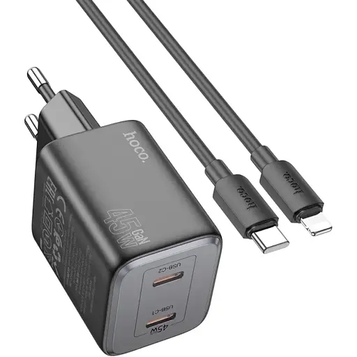 Мережевий зарядний пристрій Hoco N42 2 Type-C PD 45W чорний + кабель Type-C to Lightning - фото 1