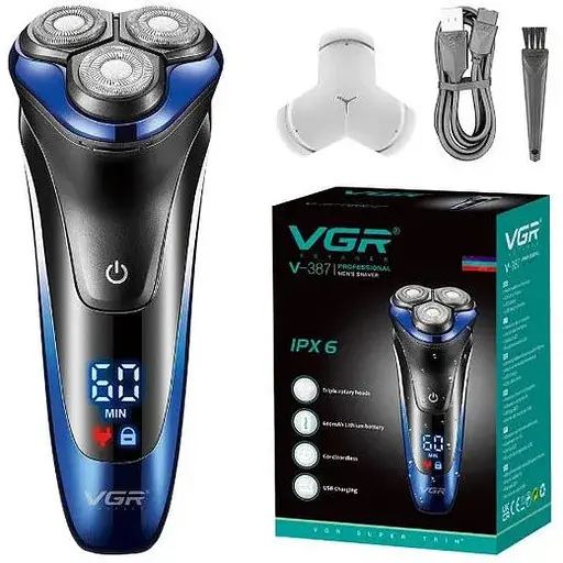 Электробритва VGR V-387 для влажного и сухого бритья с тремя плавающими головками с откидным триммером IPX6 Черный с синим - фото 1