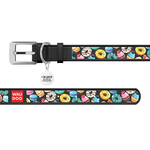 Нашийник для собак шкіряний Waudog Design з QR-паспортом "Пончики" L Ш 25 мм Д 38-49 см чорний - фото 3