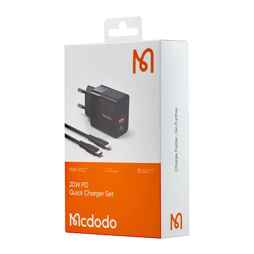 Сетевое зарядное устройство для McDodo Hydrogen Series 20W Charger with C to L 1.2m Cable Set ( EU plug ) CH-1952 Черный - фото 2