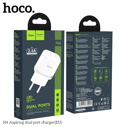 Адаптер питания зарядный HOCO Aspiring dual port charger N4 2 USB-CB сам блок белый - фото 7