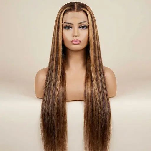 Длинный парик из прямых искусственных волос омбре 70 см Каштановый с Блонд - фото 3