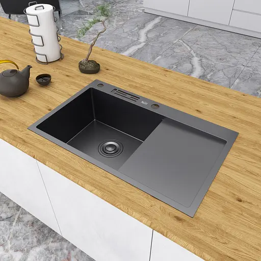 Кухонная мойка черная с правым крылом Nett NB-7848(R), Черный - фото 6