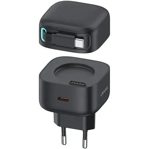 Сетевое зарядное устройство Usams US-CC202 PD35W Dual 2C Output GaN Fast Charger With Type-C Magnetic Retractable Cable Module (EU) Черный - фото 1