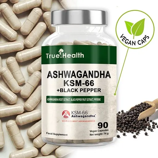 Ашваганда с черным перцем True Health Ashwagandha KSM-66 + Black Piperine, 90 вегакапсул для борьбы со стрессом - фото 2