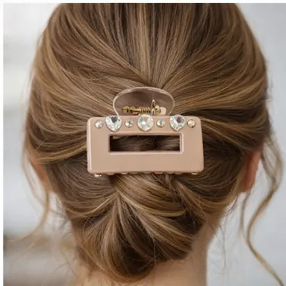 Заколка-крабик прямоугольная со стразами Fashion пластиковая с пружинным зажимом Розовый - фото 2