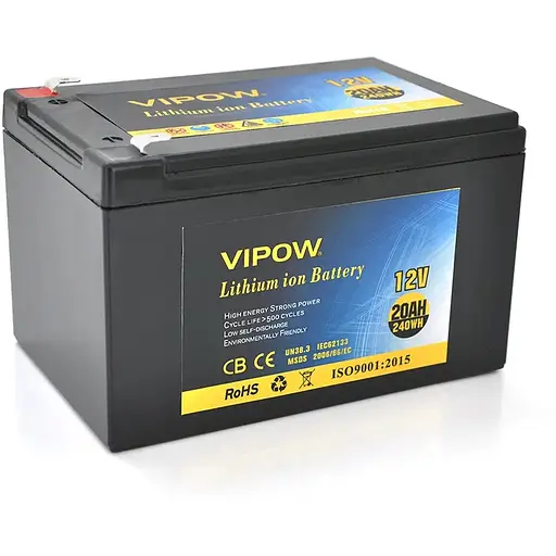 Акумуляторна батарея літієва Vipow 12 V 20Ah з елементами Li-ion 18650 з вбудованою ВМS платою, (3S10P) (151х98х95(101))мм