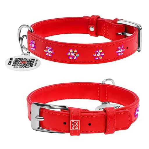Ошейник для собак кожаный Waudog Glamour с QR-паспортом с клеевыми стразами "Цветы" Ш 20 мм Д 30-39 см