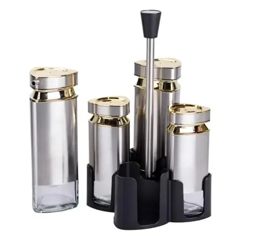Органайзер набор Condiment Set для специй на подставке с 4 емкостями для специй 10х10х17 см Нержавеющая сталь - фото 2