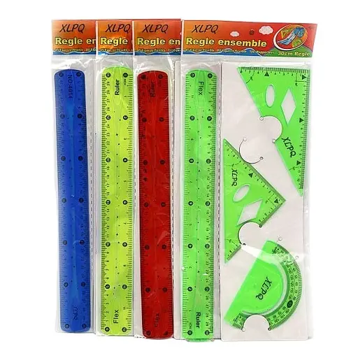 Набір силіконовий, кольоровий, 2 трикутники, транспортир, лінійка 30 см, 4 предмети (В асортименті)
