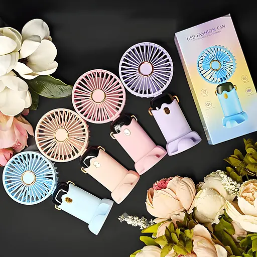 Детский портативный USB-вентилятор Mini Fan с подставкой для телефона пудровый (677-58A) - фото 4
