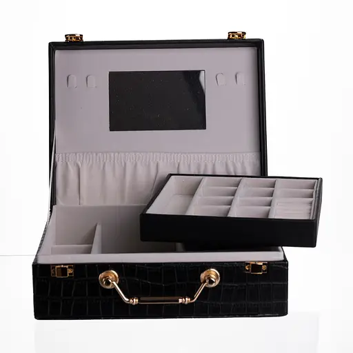 Скринька для прикрас з еко шкіри 19 відділень із дзеркалом 23.5×14×8 см органайзер для прикрас Чорний Yiwu HP-5-20B - фото 2