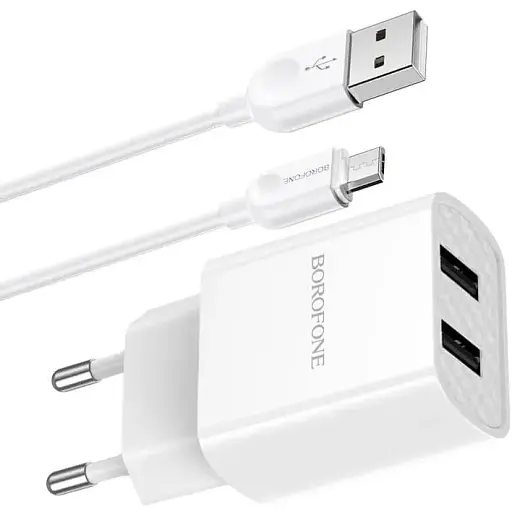 Зарядний набір блок із кабелем Borofone Powerway dual port charger set BA53A Micro USB білий - фото 1