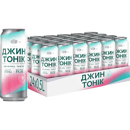 Упаковка напитка слабоалкогольного Оболонь Джин Тоник 8% 12 л ж/б (0.5 л х 24 шт.)