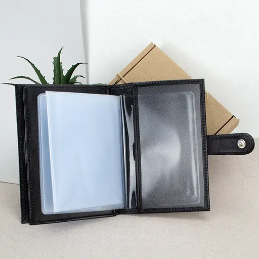 Обложка кожаная на документы 2 в 1: паспорт и права на кнопке черная - фото 4