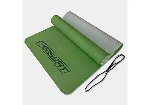 Коврик для йоги и фитнеса EasyFit TPE+TC 6 мм двухслойный зеленый-серый (EF-1924-GNGY) - фото 1