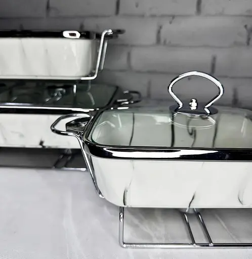Набор из 3-х мармитов керамических прямоугольных Kitchen с крышками из стекла Бело Серебристый - фото 5