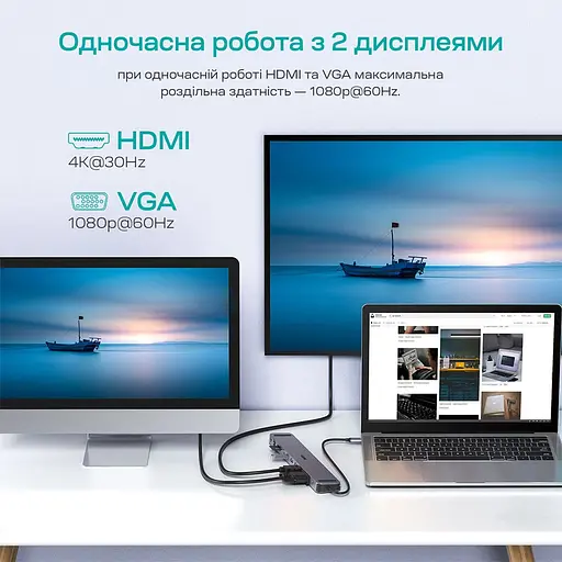 USB-C хаб 11-в-1 Choetech M20 HDMI 4K/30Hz, VGA, 3 USB-A 3.0, USB-C 3.0, RJ45, USB-C PD, SD-card, TF-card, 3.5mm audio (43-00154) - фото 6