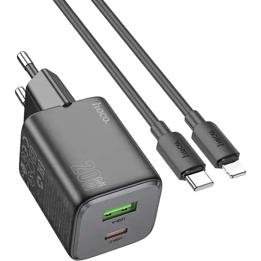 Зарядное устройство Hoco N41 USB/ Type-C PD QC черный + кабель Type-C to Lightning - фото 1