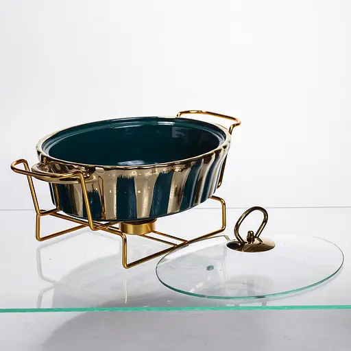 Мармит фарфоровый настольный круглый с подставкой 1 литр мармитница с подогревом Зеленый Yiwu JY-5 - фото 5