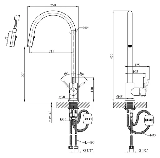 Змішувач для кухні з висувним виливом Kroner KRP Edelstahl Klassisch - SCH03915 (CV032282) - фото 10