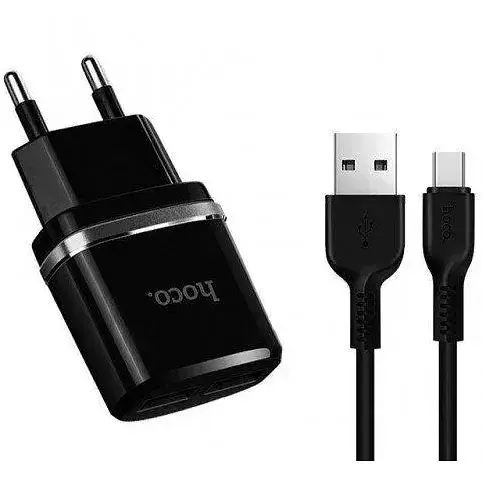 Зарядное устройство Hoco c12 2 usb порта и кабель микро черный набор - фото 1