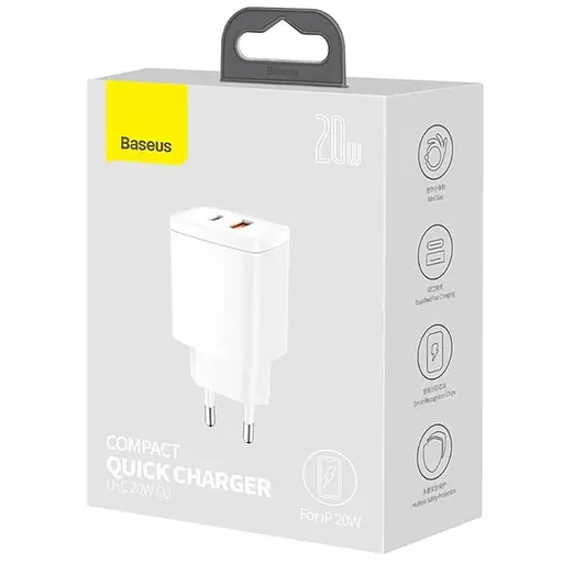 МЗП Baseus Compact Quick Charger 20W QC+PD (1USB-A/1C) (CCXJ-B) White - фото 3