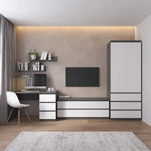 Комплект мебели в гостиную VAYS шкаф R-9, тумба R-6, стол R-1, полки М-22, антрацит-белый фасад