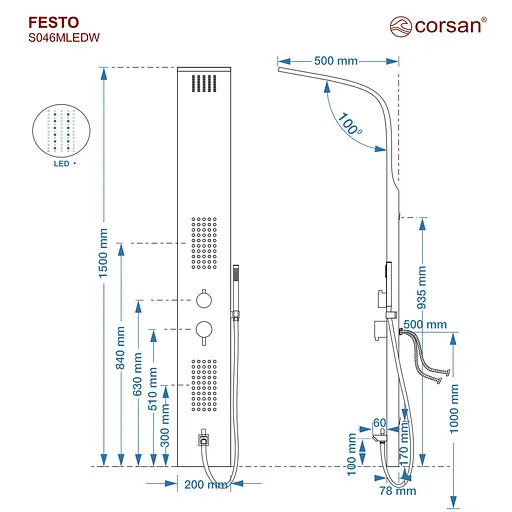 Душова панель Corsan Festo black LED з виливом S046MBLLEDW, Чорний матовий - фото 4