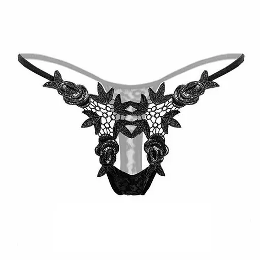 Трусики жіночі стрінги з квітковим принтом та пікантним вирізом S/M чорні - фото 1