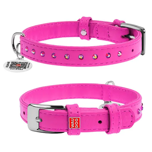 Ошейник для собак кожаный Waudog Glamour с QR-паспортом с клеевыми стразами Ш 12 мм Д 21-29 см розовый