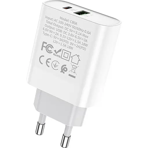 Сетевое зарядное устройство Hoco C80A USB-A/USB-C 18W White [124885] - фото 4