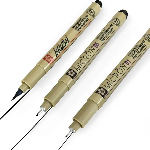 Набор линеров Pigma Micron 2 шт (0.1/0.5) +1 линер-кисть Pigma Brush в подарок Черный Sakura - фото 3