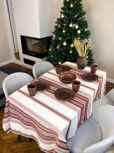 Лляна скатертина з українським орнаментом Промінь червоний 150х150 см