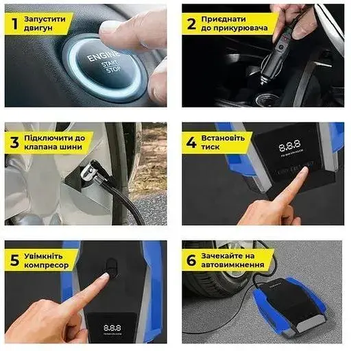 Автокомпрессор Gemix Model G black/blue поршневой с сумкой цифровой манометр функция Autostop фонарик 35 л/мин - фото 4