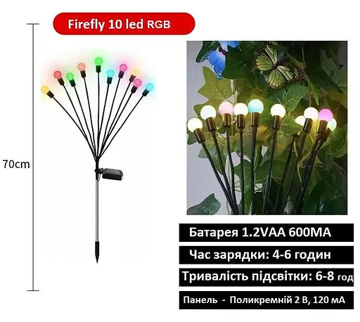 Светильники FireFly садовые на солнечных батареях 10LED 70 см RGB 2 шт - фото 3