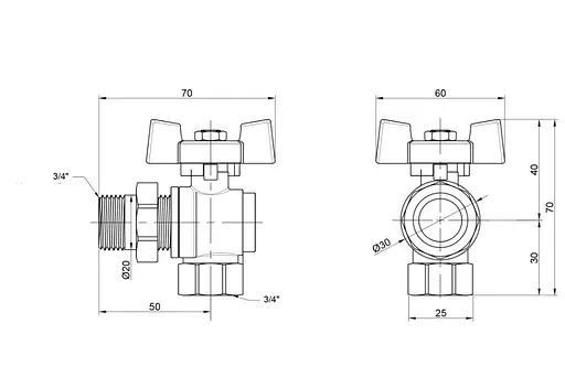 Кран кульовий Thermo Alliance "Американка" Standart 1/2" ВЗ кутовий, латунь, PN40, метелик SD222NW15PN40 - фото 3