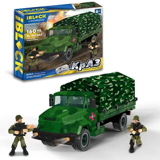 Конструктор IBLOCK Армия КрАЗ с тентом, PL-921-443, 160 деталей, 2 фигурки, 28.5x6.4x25 см