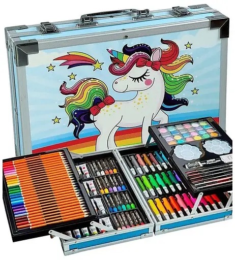 Набор для рисования и творчества детский в алюминиевом чемодане Единорог 145 предметов для юного художника Голубой - фото 1