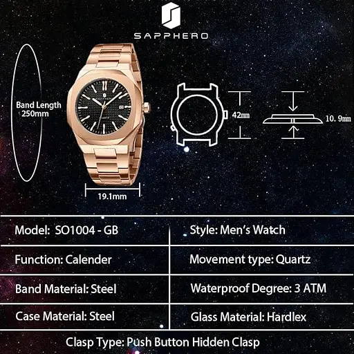 Годинник SAPPHERO Чоловічий кварцовий годинник Срібний браслет з нержавіючої сталі 100 м Водонепроникний календар дат Чорний - фото 5